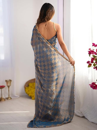 Azure Blue & Gold Checkered Organza Saree with Scalloped Border