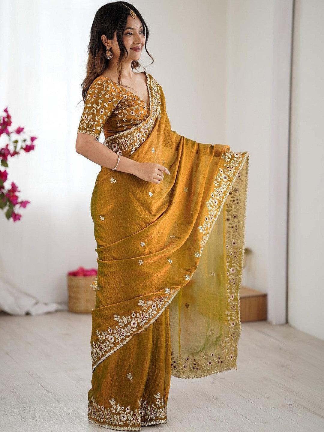 Mustard Yellow Embroidered Designer Saree with Floral Work Blouse