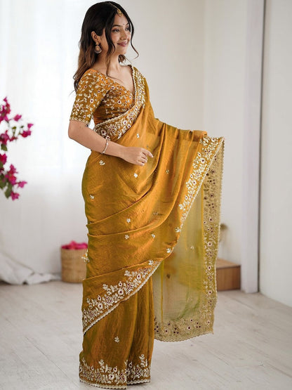 Mustard Yellow Embroidered Designer Saree with Floral Work Blouse