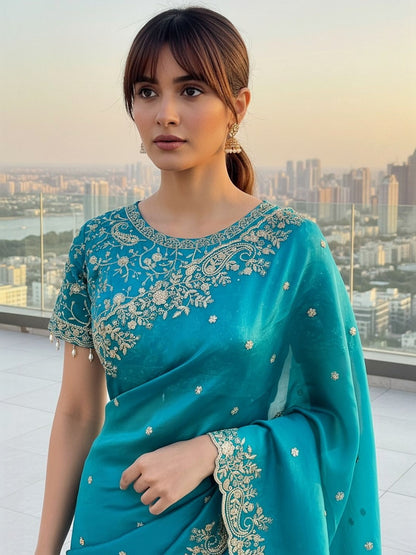 Teal Blue Embroidered Georgette Saree with Designer Border