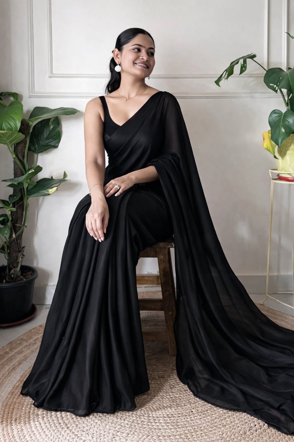 Midnight Black Georgette Saree with Elegant Flowing Drape