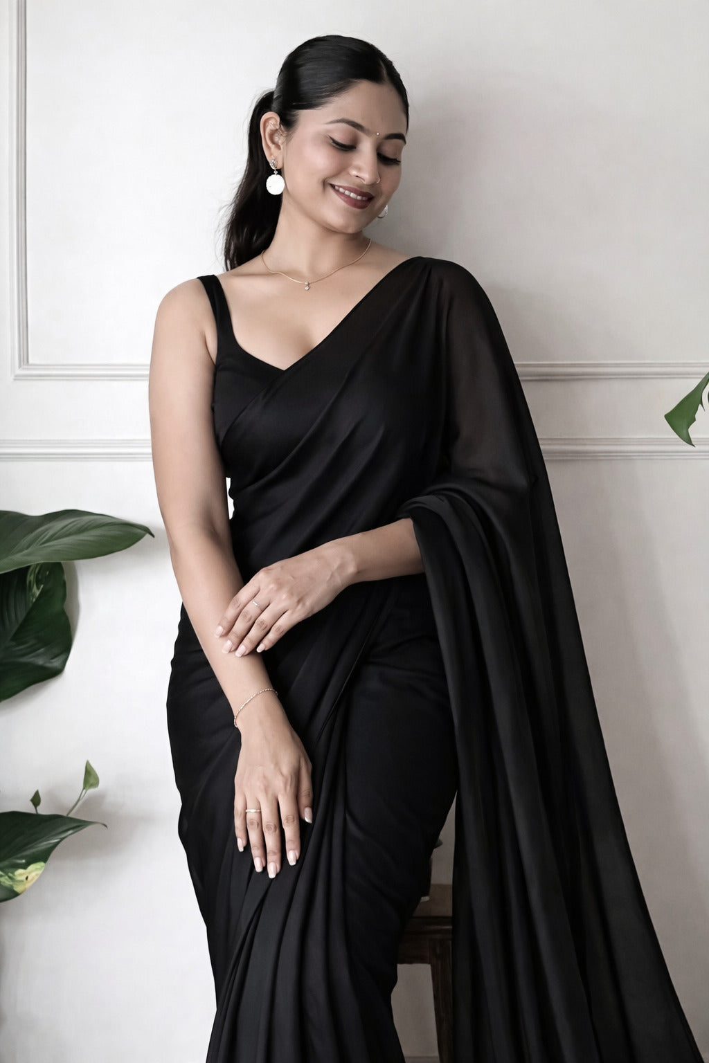 Midnight Black Georgette Saree with Elegant Flowing Drape