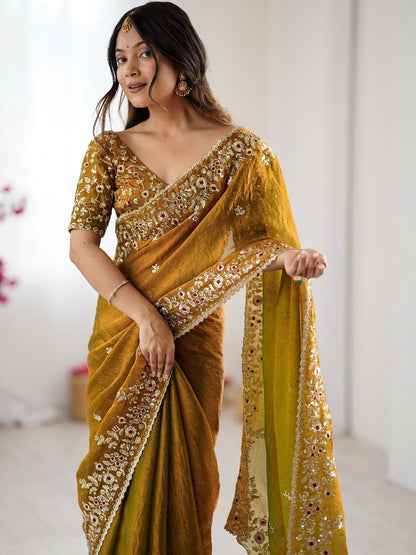 Mustard Yellow Embroidered Designer Saree with Floral Work Blouse