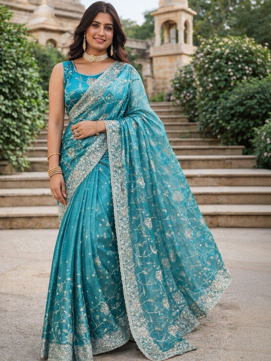 Women Sea Green Embroidered Festive Partywear Sarees