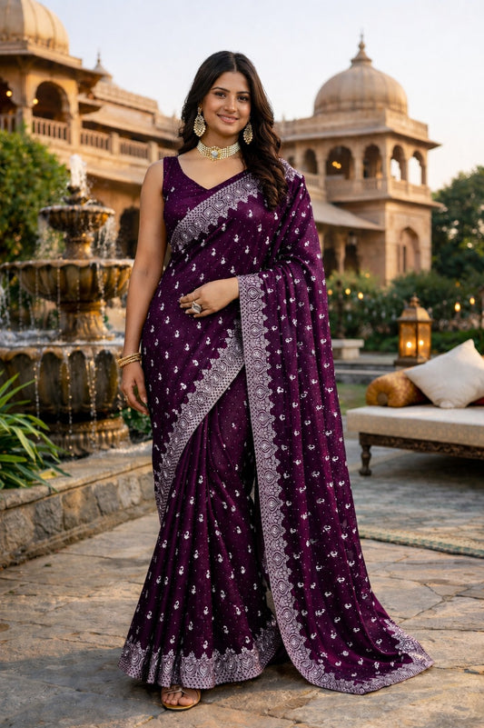 Royal Plum Printed Saree with Elegant Silver Border