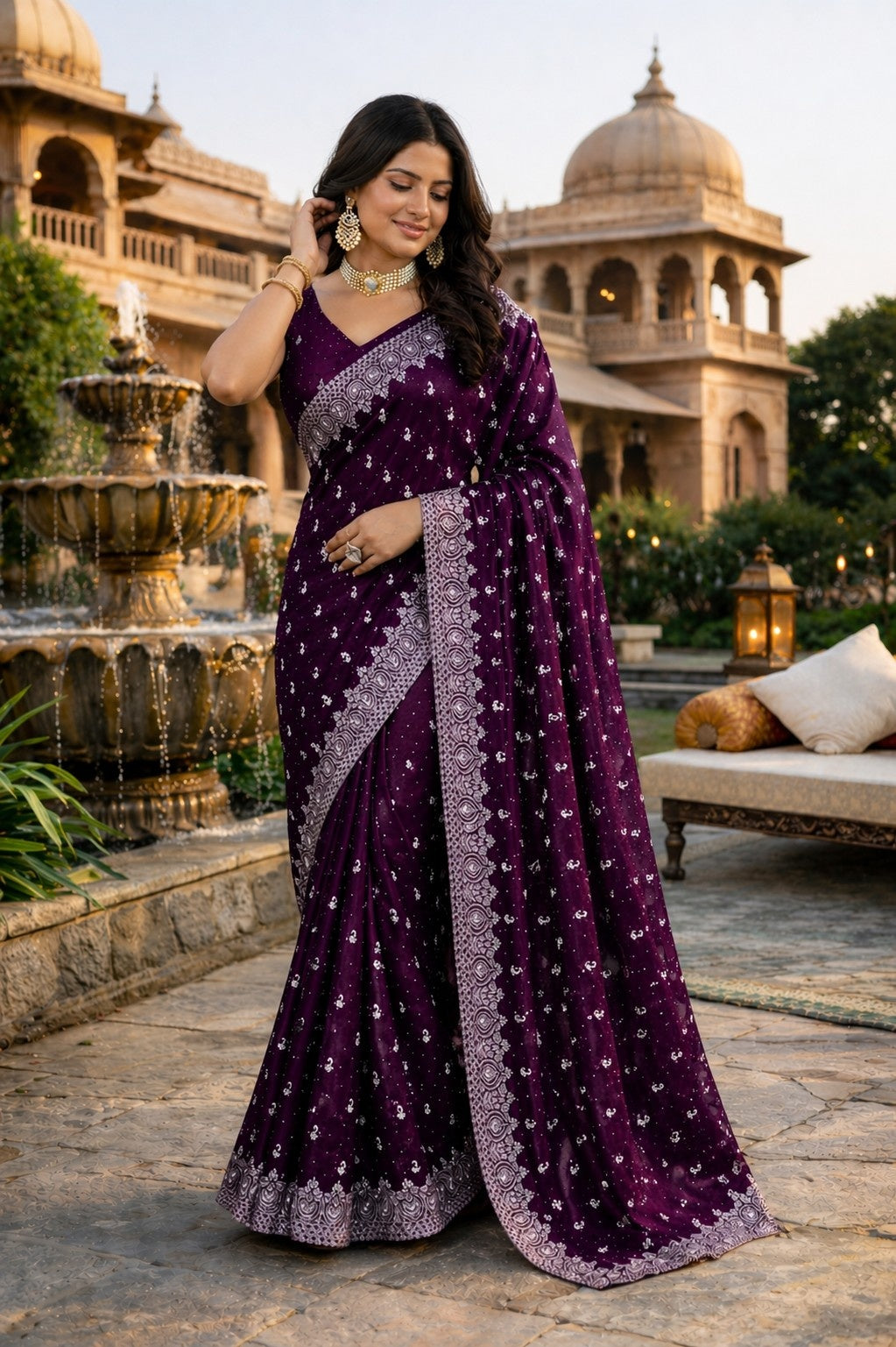 Royal Plum Printed Saree with Elegant Silver Border