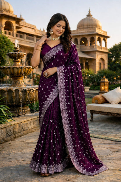 Royal Plum Printed Saree with Elegant Silver Border