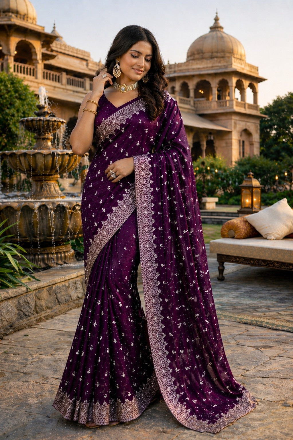 Royal Plum Printed Saree with Elegant Silver Border