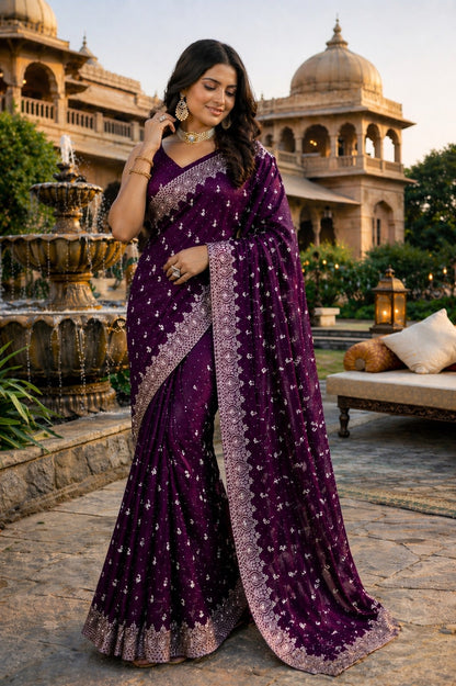 Royal Plum Printed Saree with Elegant Silver Border