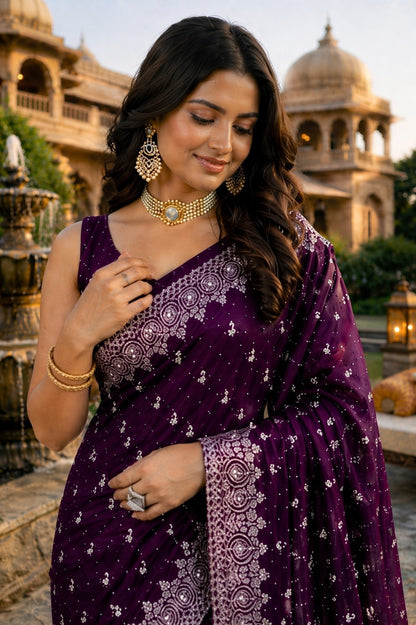 Royal Plum Printed Saree with Elegant Silver Border