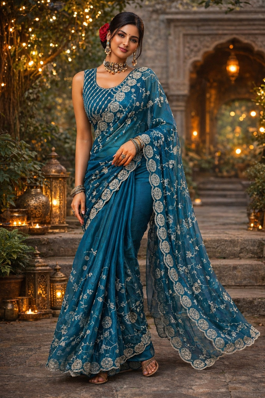 Royal Teal Blue Embroidered Organza Saree with Designer Blouse