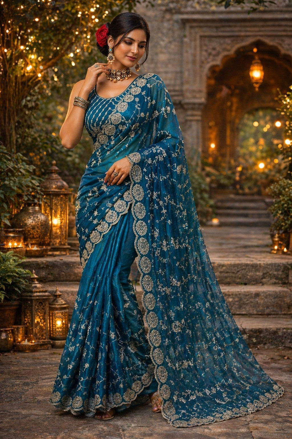 Royal Teal Blue Embroidered Organza Saree with Designer Blouse