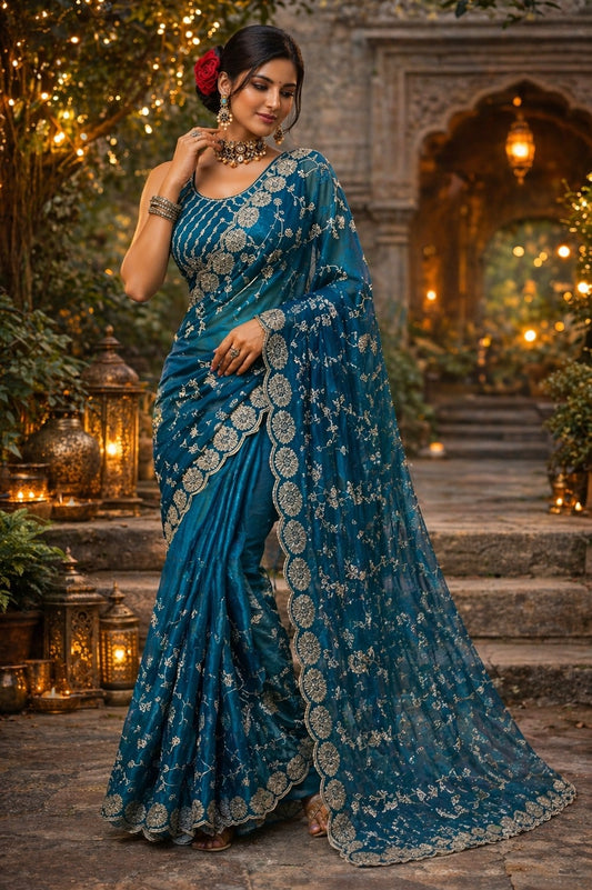 Royal Teal Blue Embroidered Organza Saree with Designer Blouse
