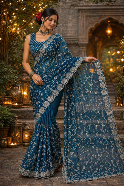Royal Teal Blue Embroidered Organza Saree with Designer Blouse