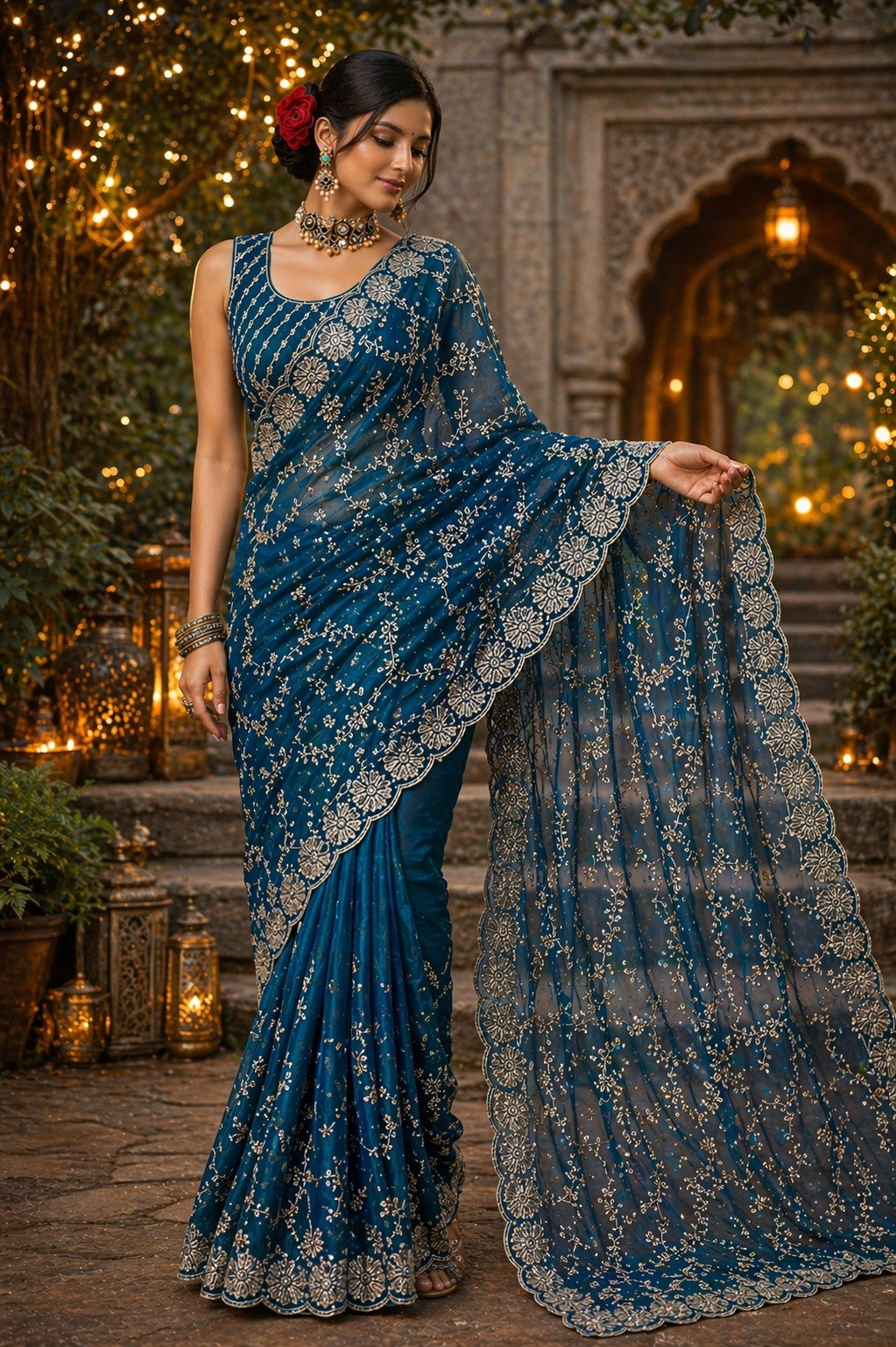 Royal Teal Blue Embroidered Organza Saree with Designer Blouse