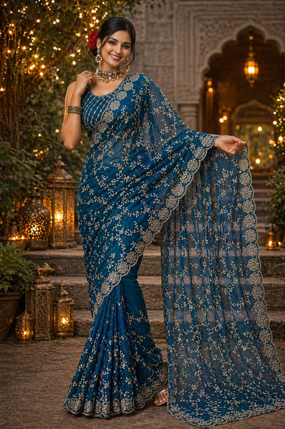 Royal Teal Blue Embroidered Organza Saree with Designer Blouse