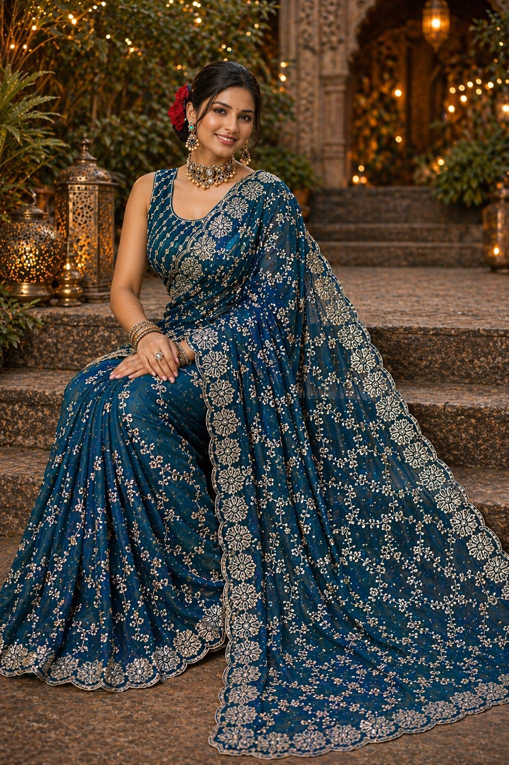 Royal Teal Blue Embroidered Organza Saree with Designer Blouse