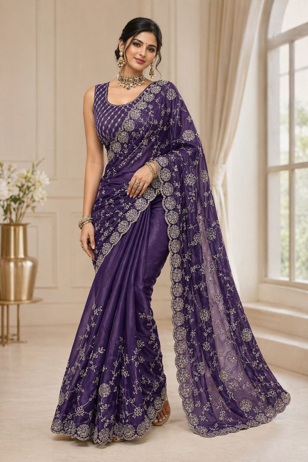 Royal Purple Embroidered Organza Saree with Designer Blouse