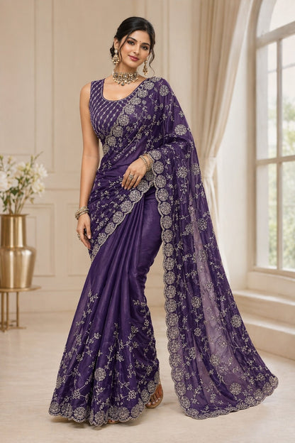 Royal Purple Embroidered Organza Saree with Designer Blouse