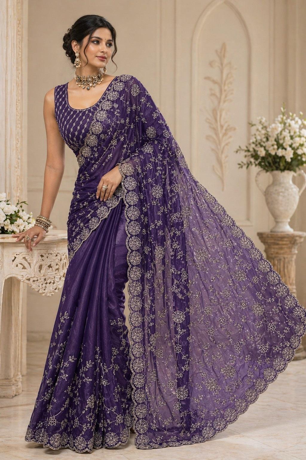 Royal Purple Embroidered Organza Saree with Designer Blouse
