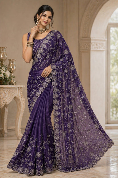 Royal Purple Embroidered Organza Saree with Designer Blouse