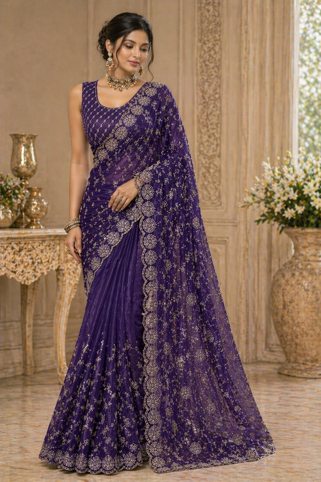 Royal Purple Embroidered Organza Saree with Designer Blouse