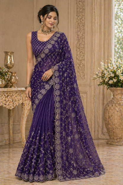 Royal Purple Embroidered Organza Saree with Designer Blouse