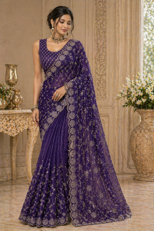 Royal Purple Embroidered Organza Saree with Designer Blouse