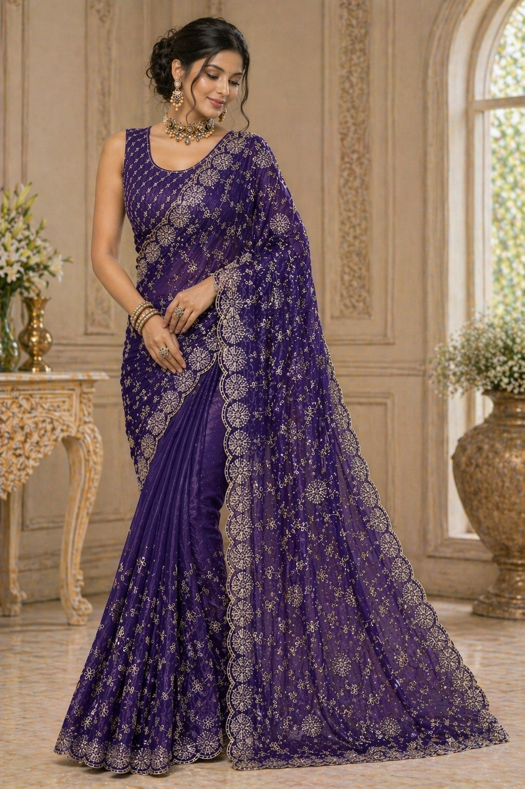 Royal Purple Embroidered Organza Saree with Designer Blouse