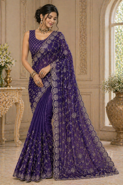Royal Purple Embroidered Organza Saree with Designer Blouse