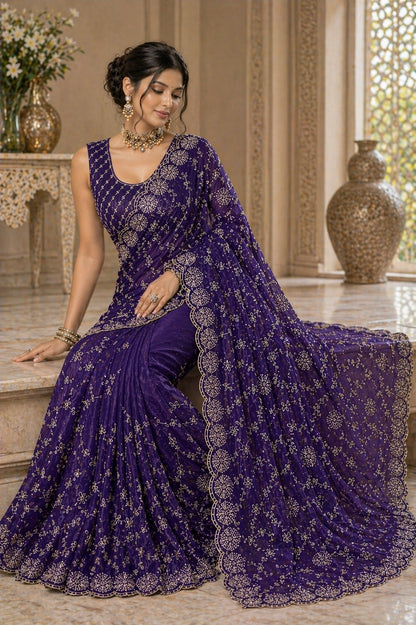 Royal Purple Embroidered Organza Saree with Designer Blouse