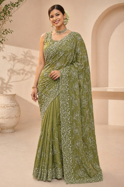 Olive Green Floral Embroidered Designer Saree with Scalloped Border