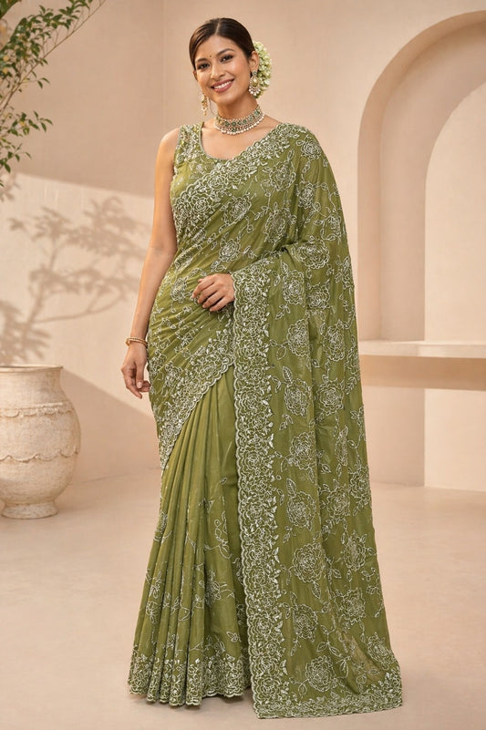 Olive Green Floral Embroidered Designer Saree with Scalloped Border