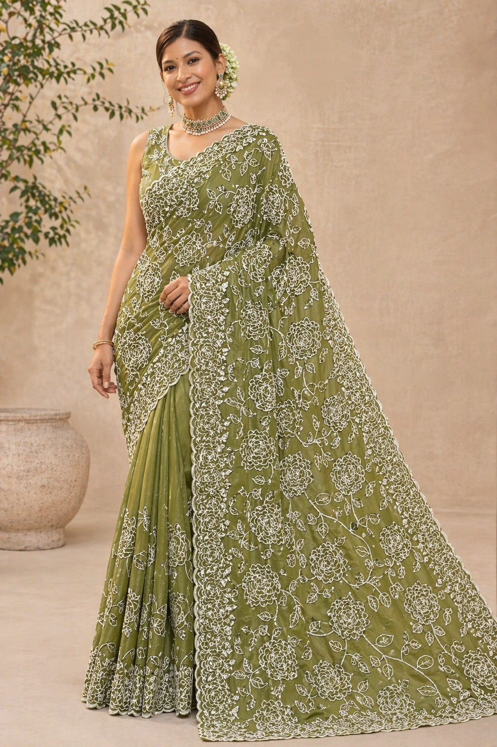 Olive Green Floral Embroidered Designer Saree with Scalloped Border