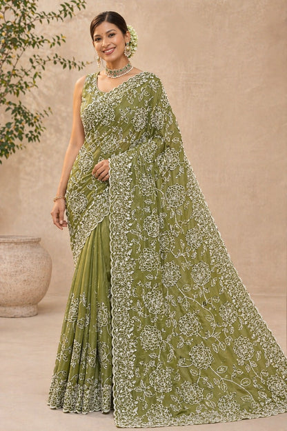 Olive Green Floral Embroidered Designer Saree with Scalloped Border
