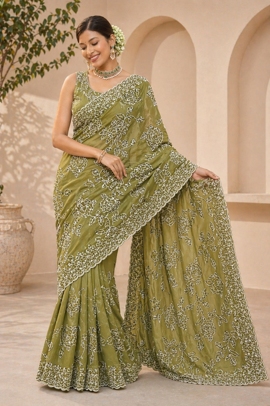 Olive Green Floral Embroidered Designer Saree with Scalloped Border