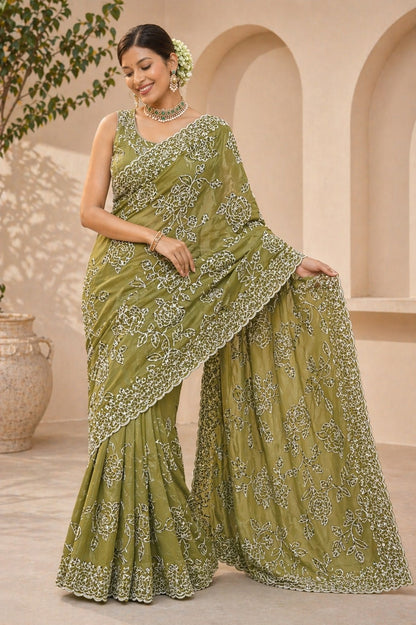 Olive Green Floral Embroidered Designer Saree with Scalloped Border