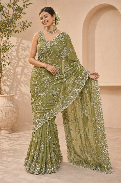 Olive Green Floral Embroidered Designer Saree with Scalloped Border