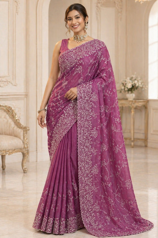 Royal Orchid Floral Embroidered Designer Saree with Elegant Border Work