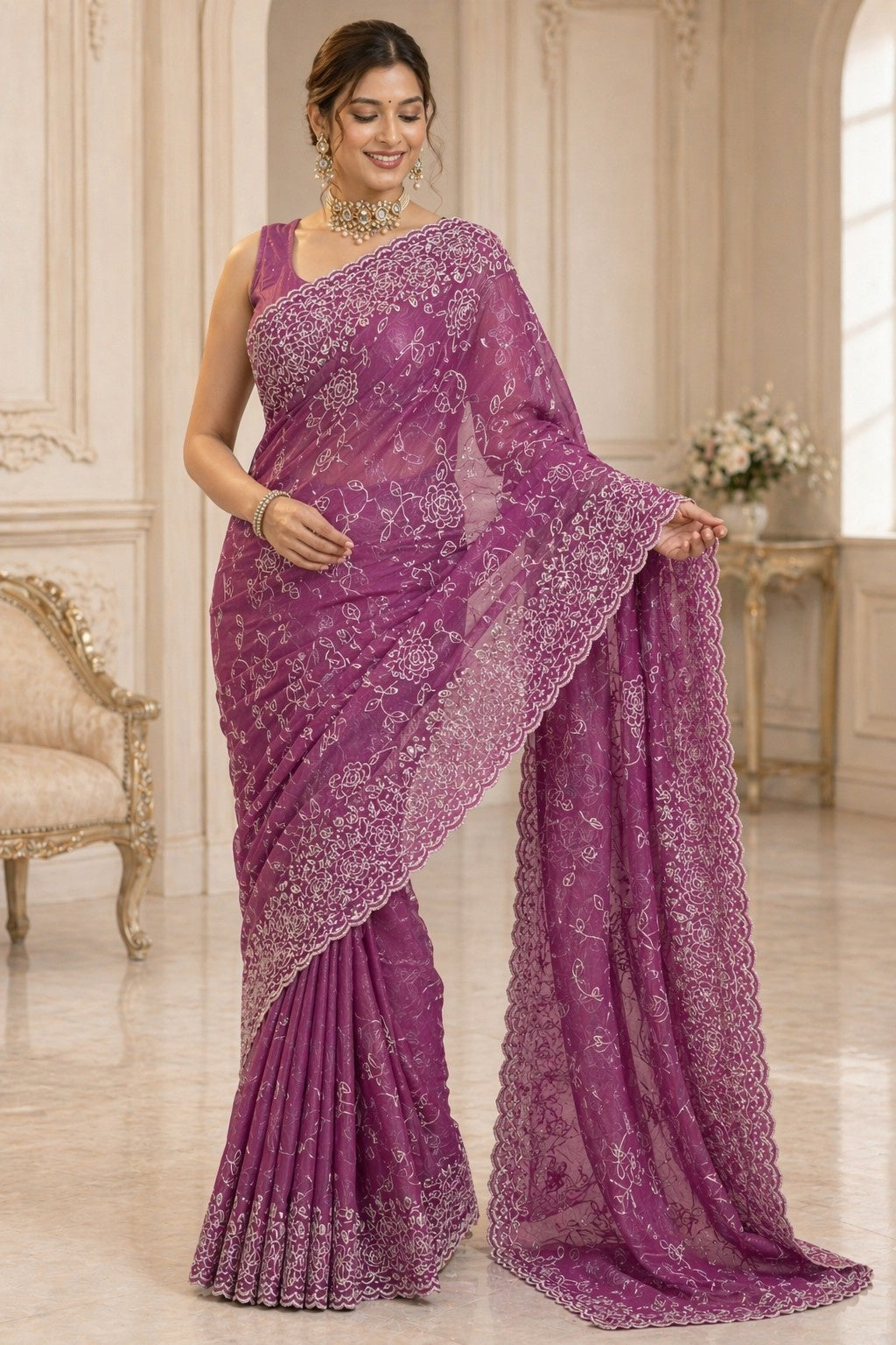 Royal Orchid Floral Embroidered Designer Saree with Elegant Border Work