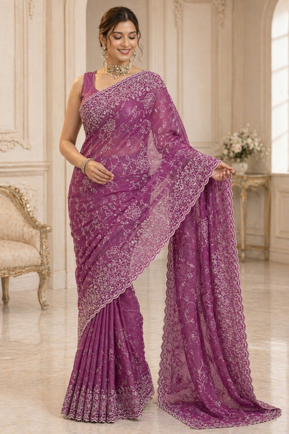 Royal Orchid Floral Embroidered Designer Saree with Elegant Border Work