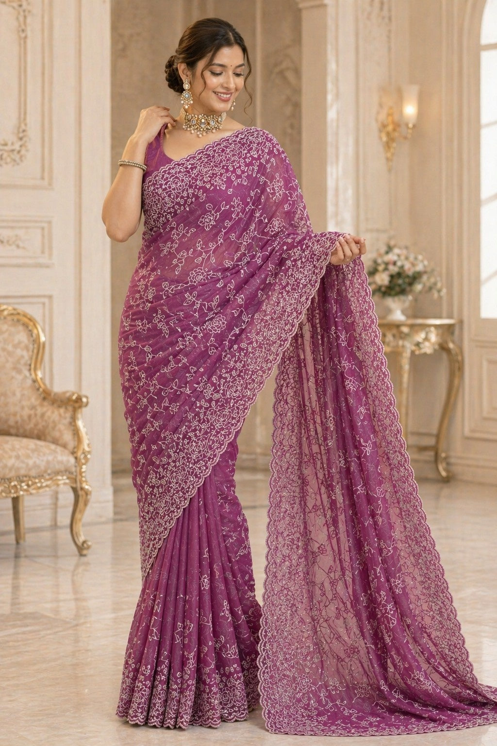 Royal Orchid Floral Embroidered Designer Saree with Elegant Border Work