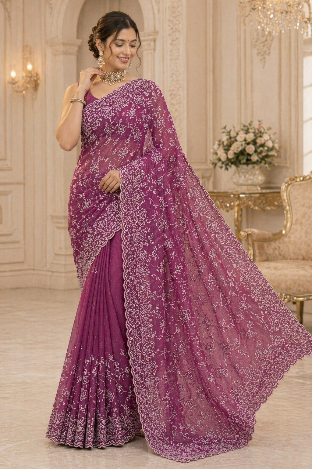 Royal Orchid Floral Embroidered Designer Saree with Elegant Border Work