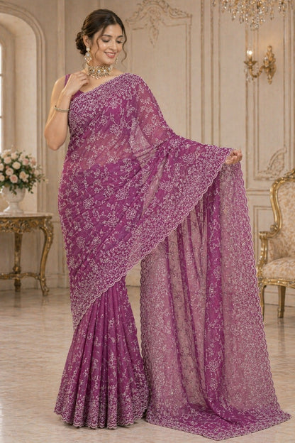 Royal Orchid Floral Embroidered Designer Saree with Elegant Border Work