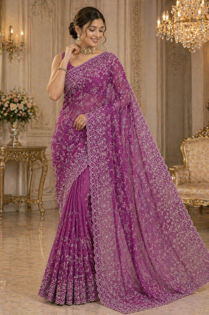 Royal Orchid Floral Embroidered Designer Saree with Elegant Border Work