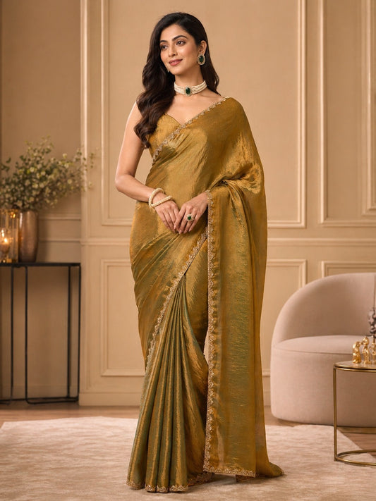 Golden Olive Shimmer Saree with Elegant Lace Border