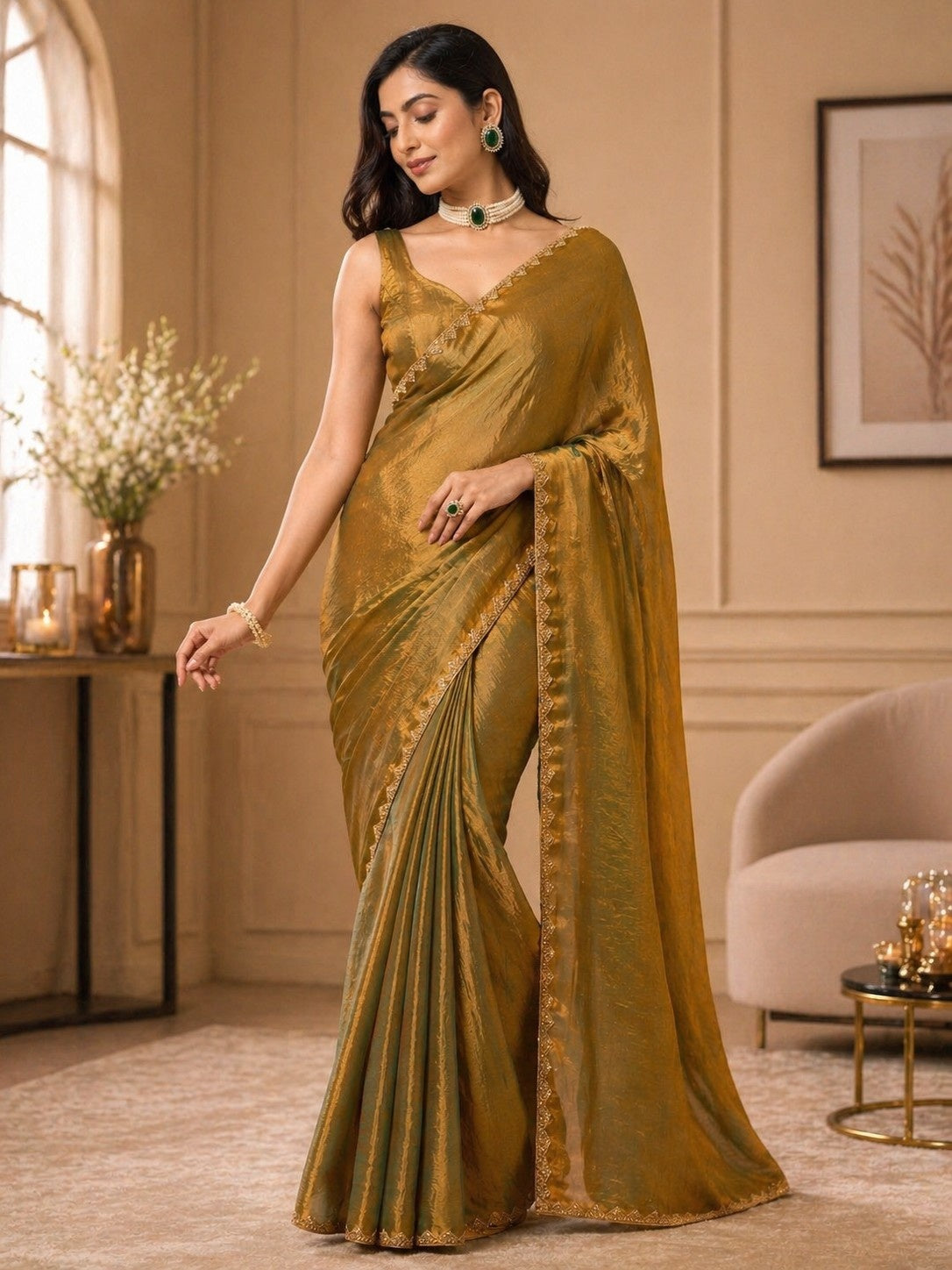 Golden Olive Shimmer Saree with Elegant Lace Border