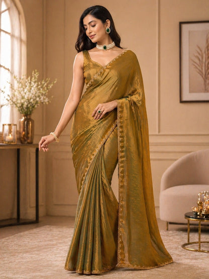 Golden Olive Shimmer Saree with Elegant Lace Border