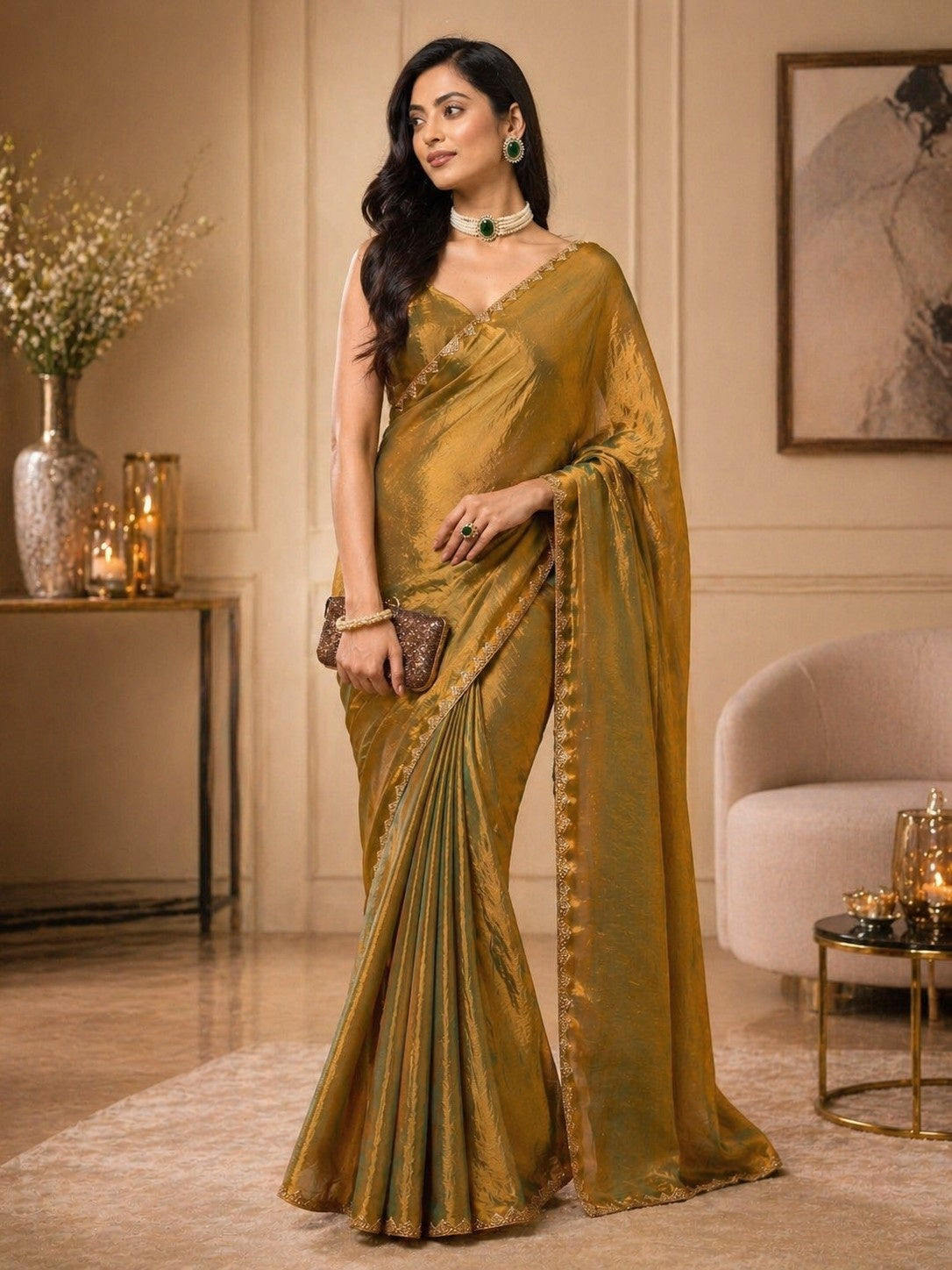 Golden Olive Shimmer Saree with Elegant Lace Border