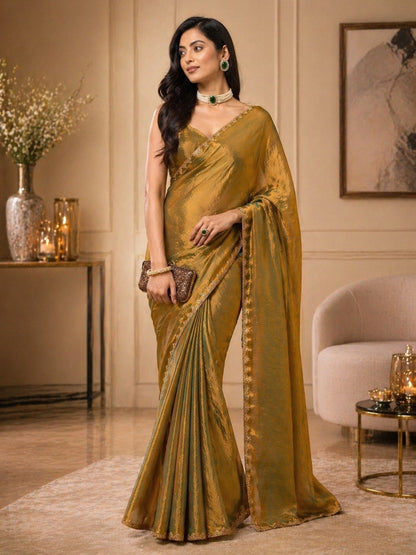 Golden Olive Shimmer Saree with Elegant Lace Border